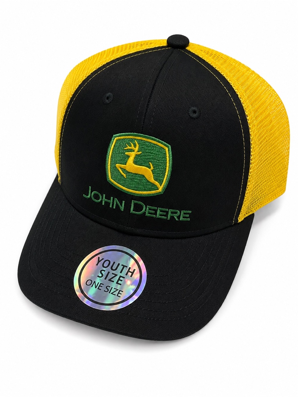 NWT Youth John Deere Black & Yellow Mesh Trucker Hat Snapback One Size
